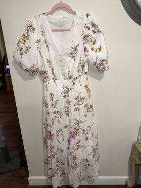 White Floral Midi Dress with Puff Sleeves